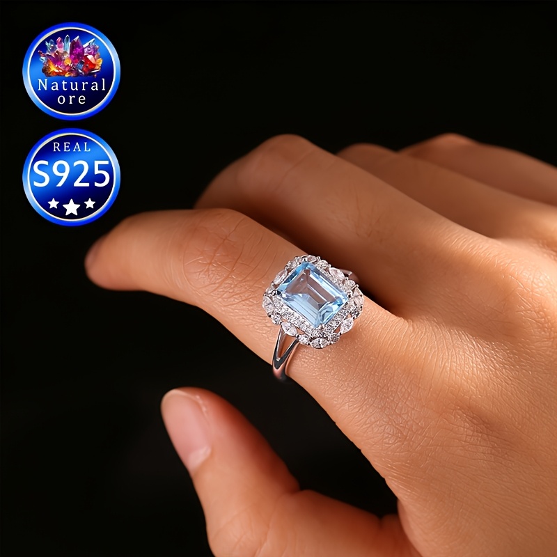 Women's Adjustable 925 Silver Ring with Blue Natural Topaz, Gift Box